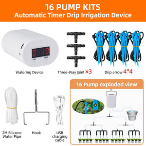 Planet Gates 12 pump kit Automatic Plant Flower Watering Pump Home Sprinkler Drip Irrigation Device 2/4/8/16 Heads Pump Timer System Kit Garden Tool