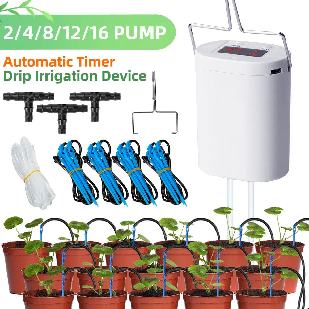 Planet Gates 12 pump kit Automatic Plant Flower Watering Pump Home Sprinkler Drip Irrigation Device 2/4/8/16 Heads Pump Timer System Kit Garden Tool