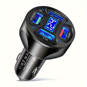 Planet Gates 120W Black 120W Car Charger Fast Charging 4 Usb Digital Display Car Fast Charger 4-in-1 PD Mobile Phone Charging Head 7AQC3.0 Car Phone Adapter Car Accessories