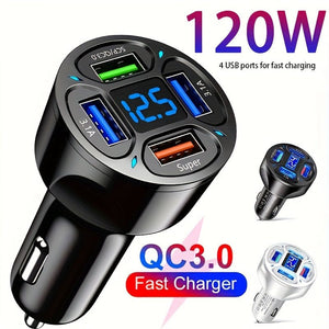Planet Gates 120W Car Charger Fast Charging 4 Usb Digital Display Car Fast Charger 4-in-1 PD Mobile Phone Charging Head 7AQC3.0 Car Phone Adapter Car Accessories