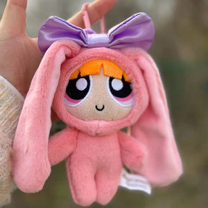 Planet Gates 12cm Bag Plush Pendant Powerpuff Girls Cartoon Cute Dress Up Bunny Rabbit Plush Toy Pendant Bow Tie Doll Gift Doll for Girls