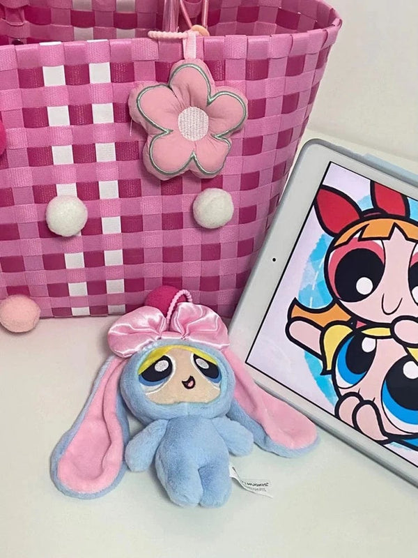 Planet Gates 12cm Bag Plush Pendant Powerpuff Girls Cartoon Cute Dress Up Bunny Rabbit Plush Toy Pendant Bow Tie Doll Gift Doll for Girls