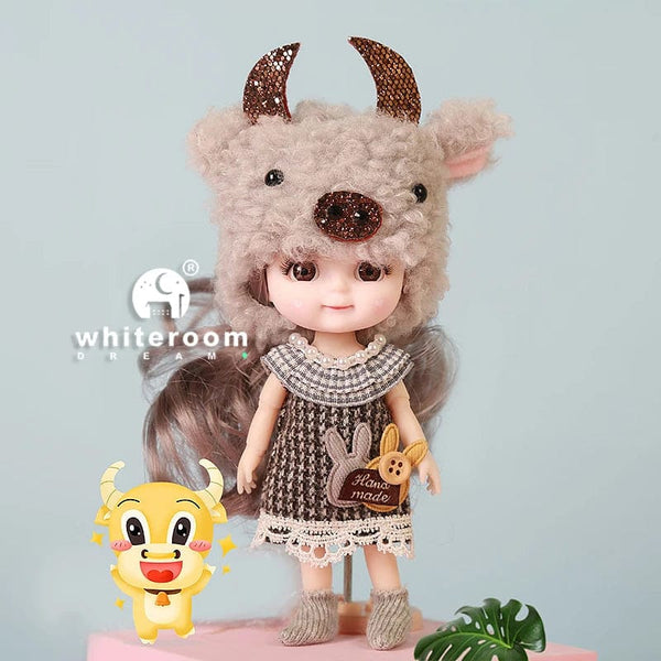 Planet Gates 12cm doll Rabbit / CHINA / Dark brown eyes Ob11 BJD Doll Mini Dolls For Girls Animal Clothes Accessories 1/12 Toy Baby 3D Big Eyes Beautiful DIY Toys Dress Up Free Gift
