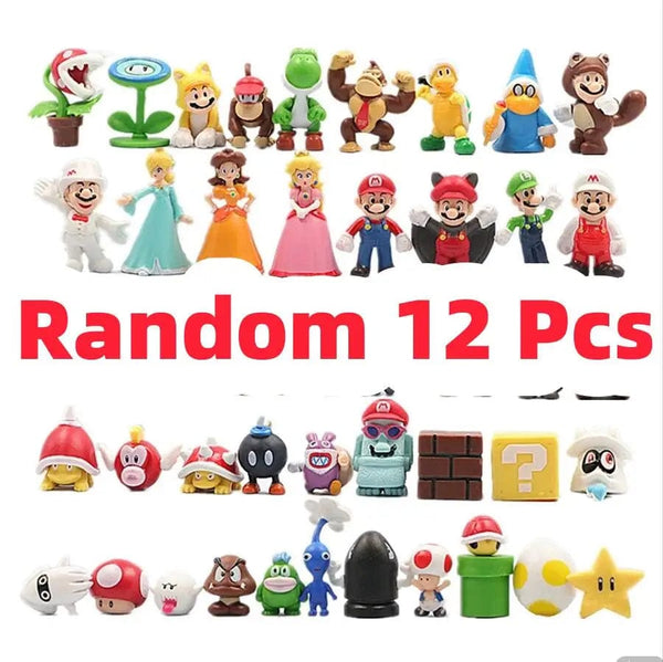 Planet Gates 12pcs 12Pcs/24Pcs/48Pcs Super Mario Bros Action Figures Kawaii Bowser Anime Figure with Storage Bag for Children Toys Gifts