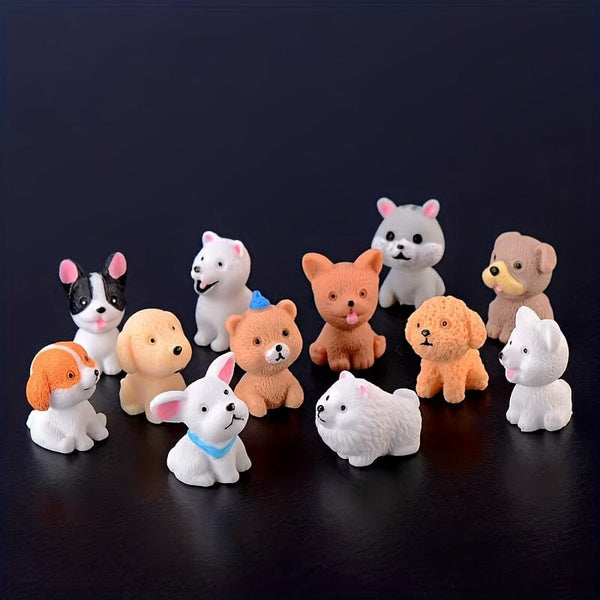 Planet Gates 12pcs 12pcs, Cute Cartoon Puppies - Handcrafted Resin Animals for Desktop Decorations, Micro Landscape, Cake Toppers, and Home Accessories