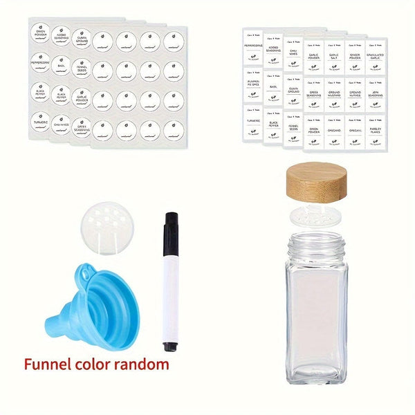 Planet Gates 12pcs 12pcs Spice Jars With Labels And Lids, 4oz Empty Square Spice Bottles With Collapsible Funnel, Glass Condiment Containers, Kitchen Accessaries, Kitchen Stuff