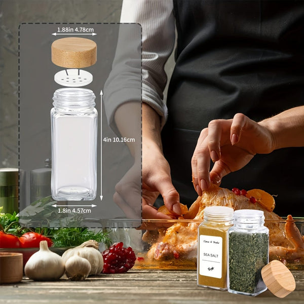 Planet Gates 12pcs 12pcs Spice Jars With Labels And Lids, 4oz Empty Square Spice Bottles With Collapsible Funnel, Glass Condiment Containers, Kitchen Accessaries, Kitchen Stuff