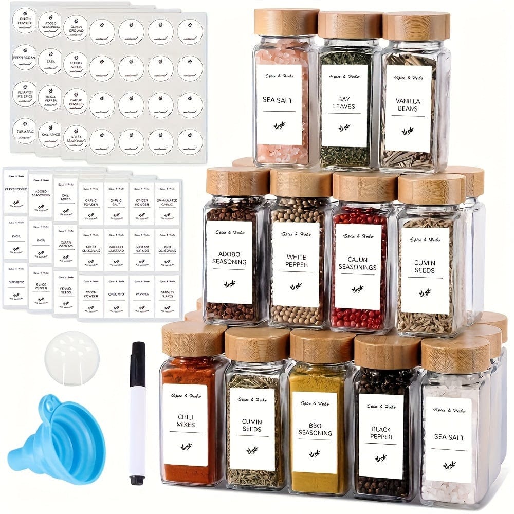Planet Gates 12pcs 12pcs Spice Jars With Labels And Lids, 4oz Empty Square Spice Bottles With Collapsible Funnel, Glass Condiment Containers, Kitchen Accessaries, Kitchen Stuff