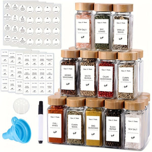 Planet Gates 12pcs 12pcs Spice Jars With Labels And Lids, 4oz Empty Square Spice Bottles With Collapsible Funnel, Glass Condiment Containers, Kitchen Accessaries, Kitchen Stuff
