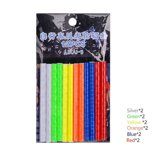 Planet Gates 12Pcs Bicycle Wheel Spokes Reflective Sticker Colorful Tube Warning Safety Light DIY Cycling Reflector Reflective Safety Kit