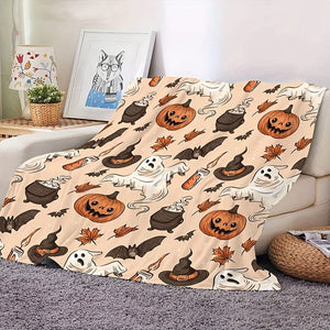 Planet Gates 130cm*150cm 1pc Halloween Theme Flannel Blanket, Pumpkin Ghost Hat Bat Print, Soft Cozy Throw Blanket Nap Blanket For Travel Sofa Bed Office Home Decor, Halloween Holiday Gift Blanket For Boys Girls Adults, Available All Season