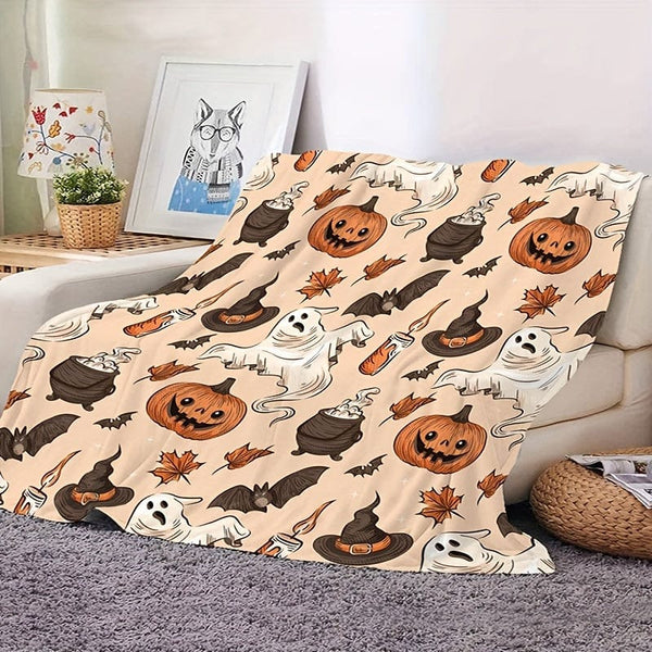 Planet Gates 130cm*150cm 1pc Halloween Theme Flannel Blanket, Pumpkin Ghost Hat Bat Print, Soft Cozy Throw Blanket Nap Blanket For Travel Sofa Bed Office Home Decor, Halloween Holiday Gift Blanket For Boys Girls Adults, Available All Season