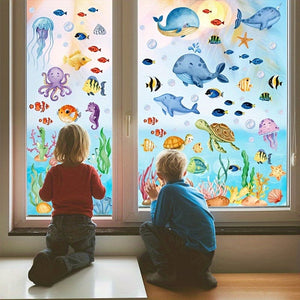 Planet Gates 134pcs 134pcs 9 Sheets Ocean Theme Window Clings Decorative Sea Life Windows Decals Static Stickers With Fish, Dolphin, Turtle, Whale, Seaweed, Glass Window Clings For Room Kitchen Bathroom Home Decor