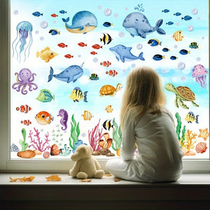 Planet Gates 134pcs 134pcs 9 Sheets Ocean Theme Window Clings Decorative Sea Life Windows Decals Static Stickers With Fish, Dolphin, Turtle, Whale, Seaweed, Glass Window Clings For Room Kitchen Bathroom Home Decor