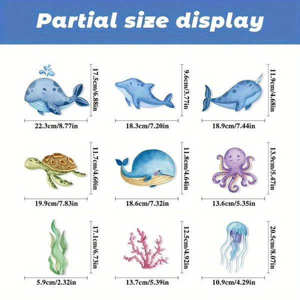Planet Gates 134pcs 134pcs 9 Sheets Ocean Theme Window Clings Decorative Sea Life Windows Decals Static Stickers With Fish, Dolphin, Turtle, Whale, Seaweed, Glass Window Clings For Room Kitchen Bathroom Home Decor