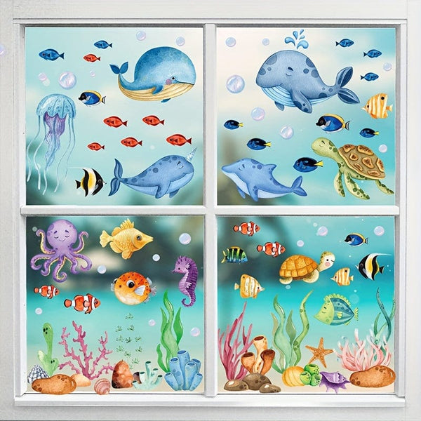 Planet Gates 134pcs 134pcs 9 Sheets Ocean Theme Window Clings Decorative Sea Life Windows Decals Static Stickers With Fish, Dolphin, Turtle, Whale, Seaweed, Glass Window Clings For Room Kitchen Bathroom Home Decor