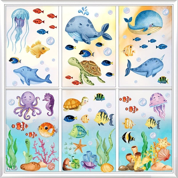 Planet Gates 134pcs 134pcs 9 Sheets Ocean Theme Window Clings Decorative Sea Life Windows Decals Static Stickers With Fish, Dolphin, Turtle, Whale, Seaweed, Glass Window Clings For Room Kitchen Bathroom Home Decor