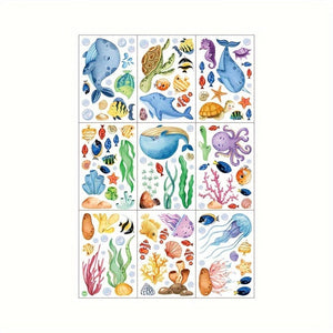 Planet Gates 134pcs 134pcs 9 Sheets Ocean Theme Window Clings Decorative Sea Life Windows Decals Static Stickers With Fish, Dolphin, Turtle, Whale, Seaweed, Glass Window Clings For Room Kitchen Bathroom Home Decor