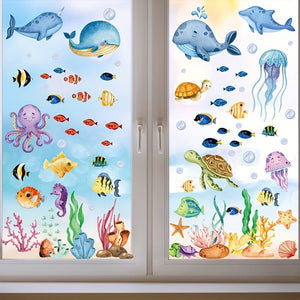 Planet Gates 134pcs 134pcs 9 Sheets Ocean Theme Window Clings Decorative Sea Life Windows Decals Static Stickers With Fish, Dolphin, Turtle, Whale, Seaweed, Glass Window Clings For Room Kitchen Bathroom Home Decor