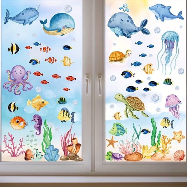 Planet Gates 134pcs 134pcs 9 Sheets Ocean Theme Window Clings Decorative Sea Life Windows Decals Static Stickers With Fish, Dolphin, Turtle, Whale, Seaweed, Glass Window Clings For Room Kitchen Bathroom Home Decor
