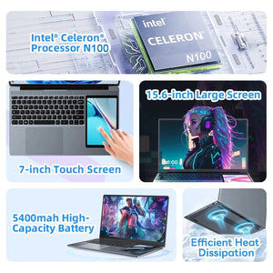 Planet Gates 15.6"+7" Dual Screen Laptop Intel Celeron N100 32GB 16GB DDR4 RGB Backlit Keyboard Computer Notebook Laptops Touch Screen