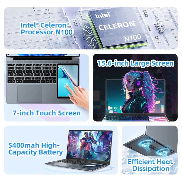 Planet Gates 15.6"+7" Dual Screen Laptop Intel Celeron N100 32GB 16GB DDR4 RGB Backlit Keyboard Computer Notebook Laptops Touch Screen