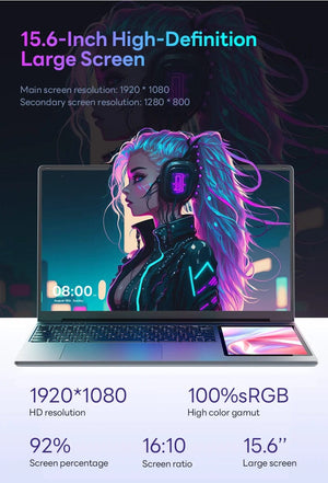 Planet Gates 15.6"+7" Dual Screen Laptop Intel Celeron N100 32GB 16GB DDR4 RGB Backlit Keyboard Computer Notebook Laptops Touch Screen