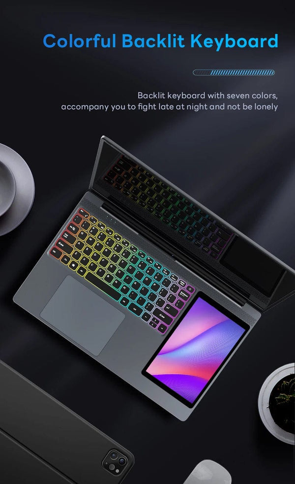 Planet Gates 15.6"+7" Dual Screen Laptop Intel Celeron N100 32GB 16GB DDR4 RGB Backlit Keyboard Computer Notebook Laptops Touch Screen