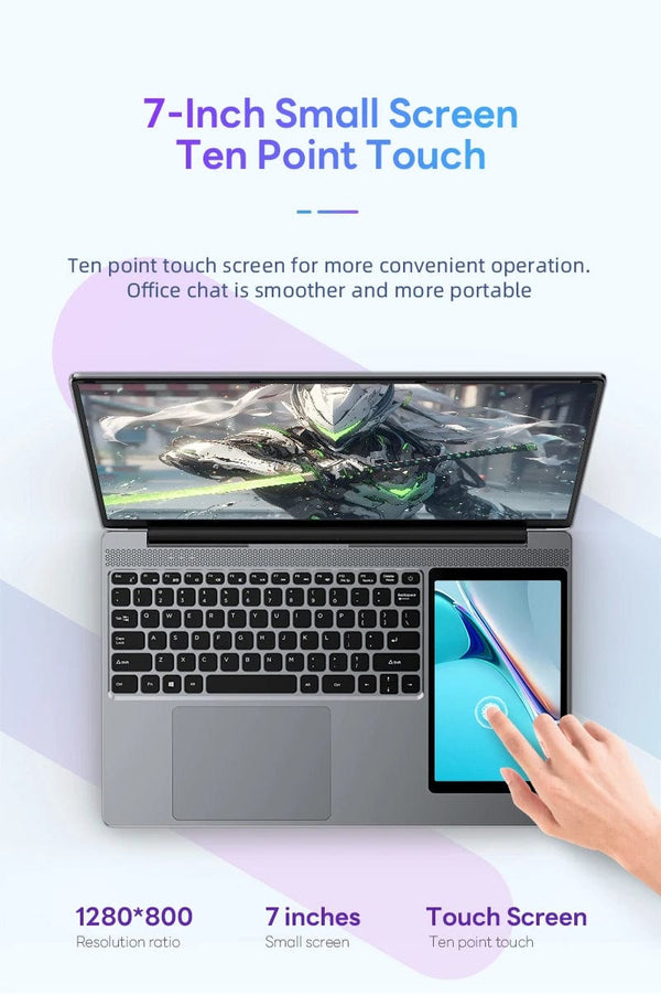 Planet Gates 15.6"+7" Dual Screen Laptop Intel Celeron N100 32GB 16GB DDR4 RGB Backlit Keyboard Computer Notebook Laptops Touch Screen