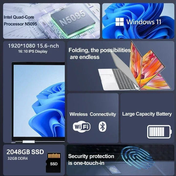 Planet Gates 15.6"Laptop Intel Celeron N5095 notebook gamer 32GB RAM 2TB SSD Office Study PC Computer Windows 11 1920*1080 Resolution laptop