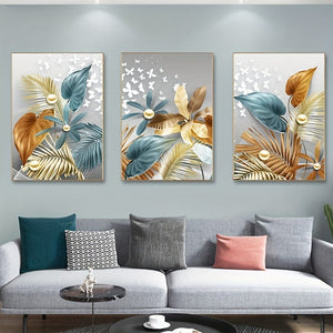 Planet Gates 15.7in*23.6in/40cm*60cm 3pcs 15.7*23.6in/40cm*60cm Frameless Modern Golden Butterfly Leaves Wall Art Canvas Painting Art For Living Room Cuadros Decor No Frame