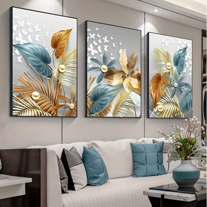Planet Gates 15.7in*23.6in/40cm*60cm 3pcs 15.7*23.6in/40cm*60cm Frameless Modern Golden Butterfly Leaves Wall Art Canvas Painting Art For Living Room Cuadros Decor No Frame
