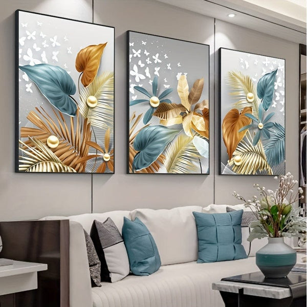 Planet Gates 15.7in*23.6in/40cm*60cm 3pcs 15.7*23.6in/40cm*60cm Frameless Modern Golden Butterfly Leaves Wall Art Canvas Painting Art For Living Room Cuadros Decor No Frame