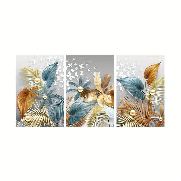Planet Gates 15.7in*23.6in/40cm*60cm 3pcs 15.7*23.6in/40cm*60cm Frameless Modern Golden Butterfly Leaves Wall Art Canvas Painting Art For Living Room Cuadros Decor No Frame