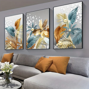 Planet Gates 15.7in*23.6in/40cm*60cm 3pcs 15.7*23.6in/40cm*60cm Frameless Modern Golden Butterfly Leaves Wall Art Canvas Painting Art For Living Room Cuadros Decor No Frame