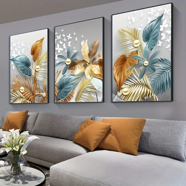 Planet Gates 15.7in*23.6in/40cm*60cm 3pcs 15.7*23.6in/40cm*60cm Frameless Modern Golden Butterfly Leaves Wall Art Canvas Painting Art For Living Room Cuadros Decor No Frame