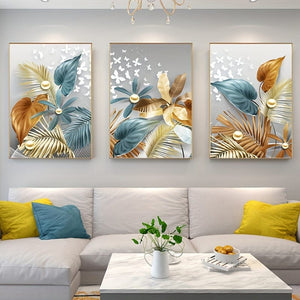 Planet Gates 15.7in*23.6in/40cm*60cm 3pcs 15.7*23.6in/40cm*60cm Frameless Modern Golden Butterfly Leaves Wall Art Canvas Painting Art For Living Room Cuadros Decor No Frame