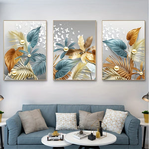 Planet Gates 15.7in*23.6in/40cm*60cm 3pcs 15.7*23.6in/40cm*60cm Frameless Modern Golden Butterfly Leaves Wall Art Canvas Painting Art For Living Room Cuadros Decor No Frame