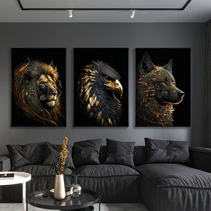 Planet Gates 15.7in*23.6in/40cm*60cm 3pcs Unframed Canvas Poster, Modern Art, Abstract The Golden Lion And Eagle Art Painting, Ideal Gift For Bedroom Living Room Corridor, Wall Art, Wall Decor, Winter Decor, Room Decoration