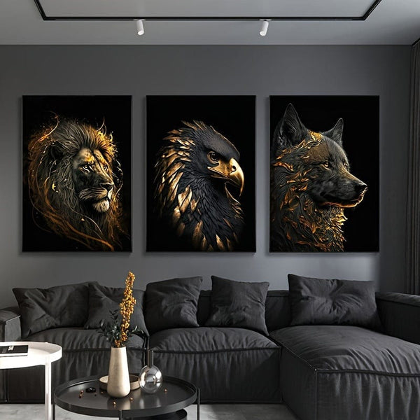Planet Gates 15.7in*23.6in/40cm*60cm 3pcs Unframed Canvas Poster, Modern Art, Abstract The Golden Lion And Eagle Art Painting, Ideal Gift For Bedroom Living Room Corridor, Wall Art, Wall Decor, Winter Decor, Room Decoration