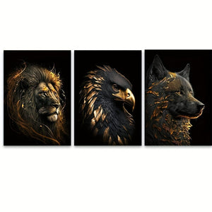 Planet Gates 15.7in*23.6in/40cm*60cm 3pcs Unframed Canvas Poster, Modern Art, Abstract The Golden Lion And Eagle Art Painting, Ideal Gift For Bedroom Living Room Corridor, Wall Art, Wall Decor, Winter Decor, Room Decoration