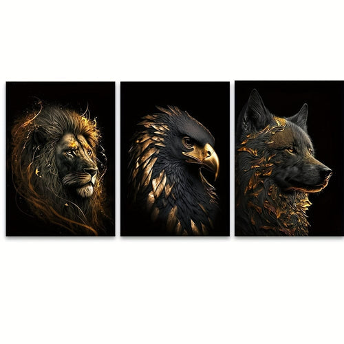 Planet Gates 15.7in*23.6in/40cm*60cm 3pcs Unframed Canvas Poster, Modern Art, Abstract The Golden Lion And Eagle Art Painting, Ideal Gift For Bedroom Living Room Corridor, Wall Art, Wall Decor, Winter Decor, Room Decoration