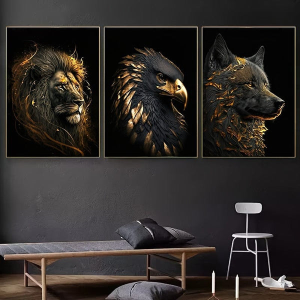 Planet Gates 15.7in*23.6in/40cm*60cm 3pcs Unframed Canvas Poster, Modern Art, Abstract The Golden Lion And Eagle Art Painting, Ideal Gift For Bedroom Living Room Corridor, Wall Art, Wall Decor, Winter Decor, Room Decoration