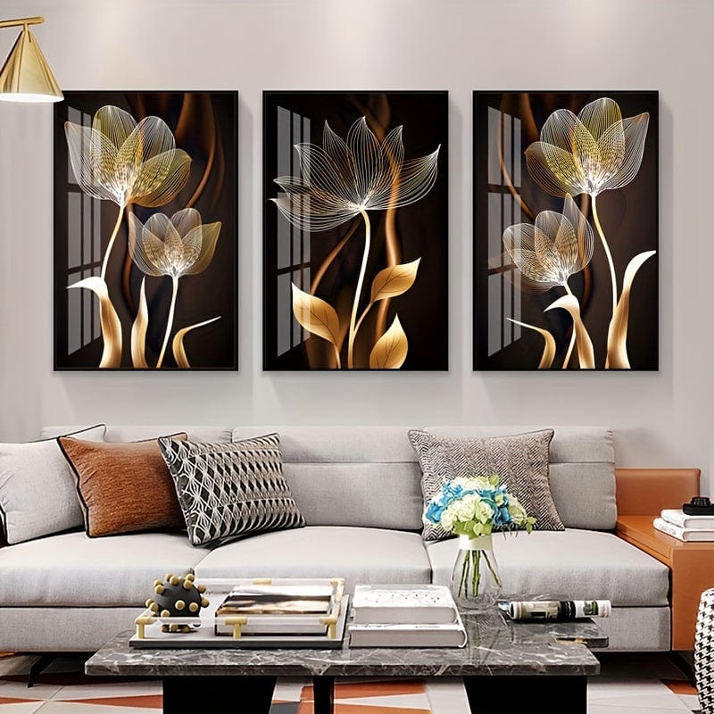 Planet Gates 15.7in*23.6in/40cm*60cm 3pcs Unframed Poster, Black And Golden Flower Wall Art Canvas Painting For Living Room Decor - Modern Abstract Design, 15.7x23.6in/40x60cm