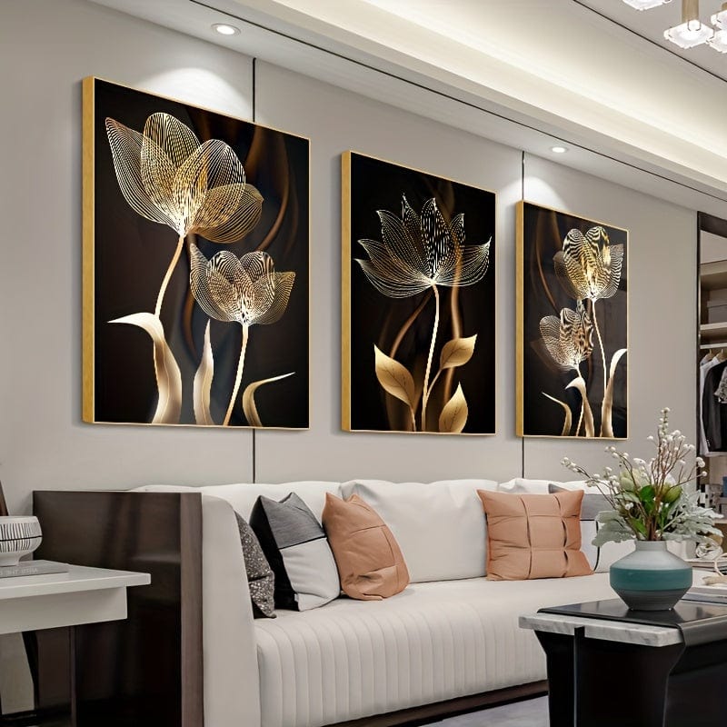 Planet Gates 15.7in*23.6in/40cm*60cm 3pcs Unframed Poster, Black And Golden Flower Wall Art Canvas Painting For Living Room Decor - Modern Abstract Design, 15.7x23.6in/40x60cm