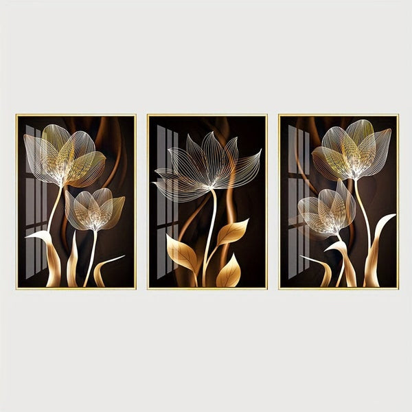 Planet Gates 15.7in*23.6in/40cm*60cm 3pcs Unframed Poster, Black And Golden Flower Wall Art Canvas Painting For Living Room Decor - Modern Abstract Design, 15.7x23.6in/40x60cm