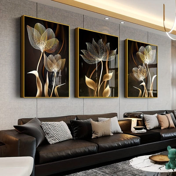 Planet Gates 15.7in*23.6in/40cm*60cm 3pcs Unframed Poster, Black And Golden Flower Wall Art Canvas Painting For Living Room Decor - Modern Abstract Design, 15.7x23.6in/40x60cm