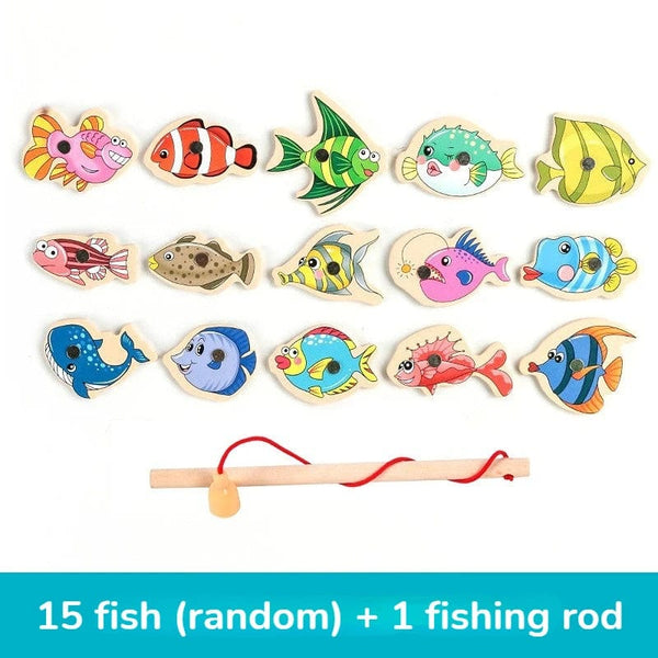 Planet Gates 15 Fish Montessori Wooden Fishing Toys For Children Magnetic Marine Life Cognition Fish Games Parent-Child Interactive Educational Toy
