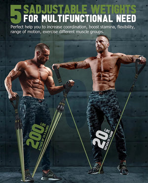 Planet Gates 150LBS PURPLE SET Resistance Band Set Workout Bands Exercise Band 5 Tube Fitness with Door Anchor Handles Legs Ankle Straps and Fitness Stick