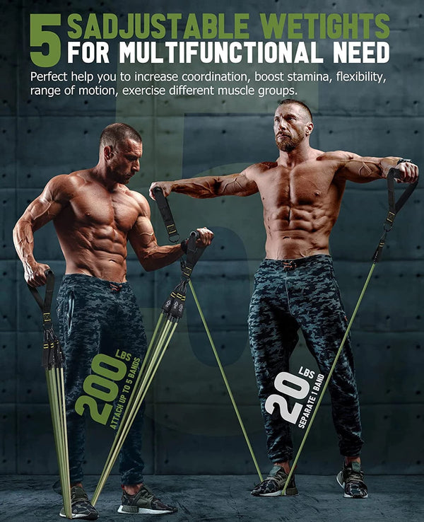 Planet Gates 150LBS PURPLE SET Resistance Band Set Workout Bands Exercise Band 5 Tube Fitness with Door Anchor Handles Legs Ankle Straps and Fitness Stick